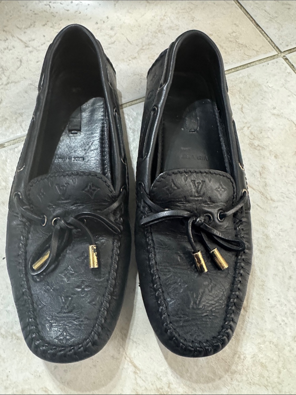 Louis Vuitton Black Monogram Embossed Leather Driving Loafers with Gold Accents